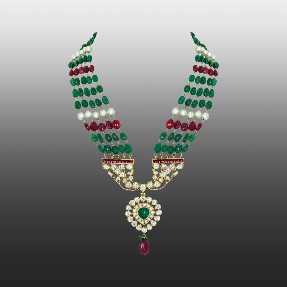 Multistrand Emerald Necklace with Polki Pendant and Ruby Drop